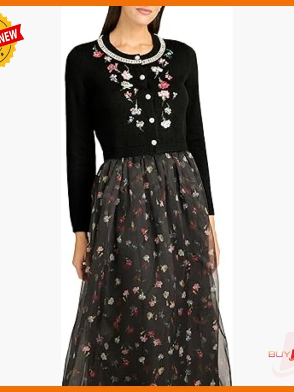 Embellished Floral Cardigan with Ribbed Cuffs, Button Front